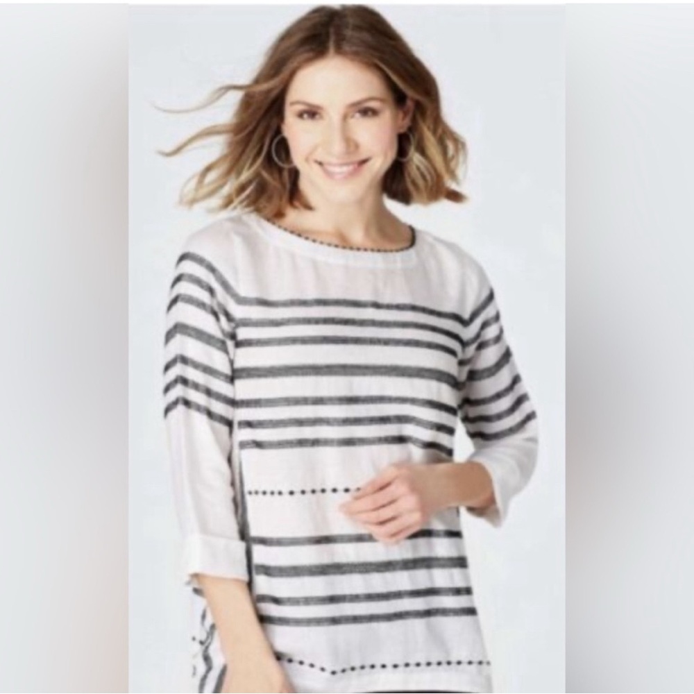 J. Jill Striped White and Black 3/4 sleeve Top - linen - small